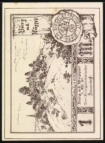 Notgeld Burg an der Wupper, 1921, 1 Mark, Standbild Graf Adolf V. und Burggrafenansicht