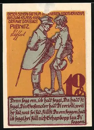 Notgeld Ribnitz, 1922, 10 Pfennig, Illustrationen von zwei Personen und einer Kutsche im Wald