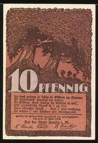 Notgeld Penzlin, 1921, 10 Pfennig, Reutergeld mit Haus und Text in Brauntönen