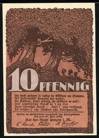 Notgeld Penzlin, 1921, 10 Pfennig, Illustration von Bäumen und Haus