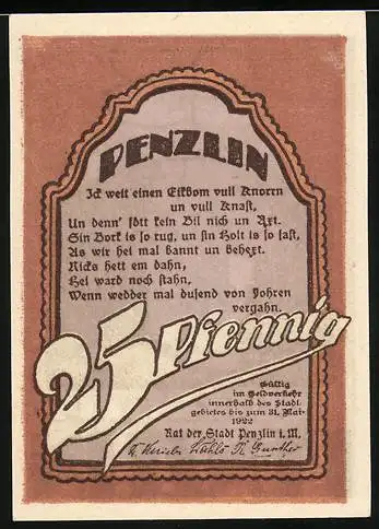 Notgeld Penzlin, 25 Pfennig, Reutergeld mit Gebäudedarstellung, Text und Ornamenten