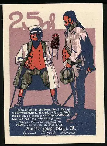 Notgeld Plau, 1921, 25 Pfennig, zwei Männer und Turm im Wald
