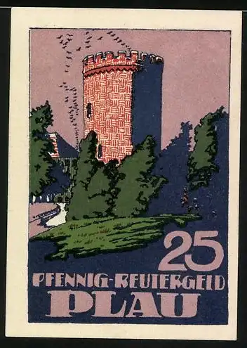 Notgeld Plau, 1921, 25 Pfennig, zwei Männer und Turm im Wald