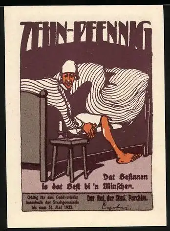 Notgeld Parchim, 1922, 10 Pfennig, Mann im Bett und Kirchturm