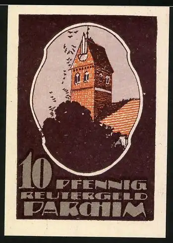 Notgeld Parchim, 1922, 10 Pfennig, Mann im Bett und Kirchturm