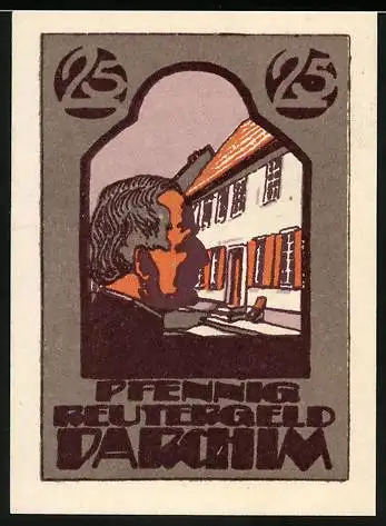 Notgeld Parchim 1922, 25 Pfennig, Reutergeld Motiv mit Gebäude und Schweinedarstellung