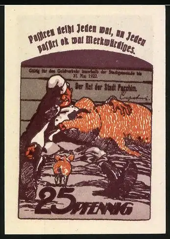 Notgeld Parchim 1922, 25 Pfennig, Reutergeld Motiv mit Gebäude und Schweinedarstellung
