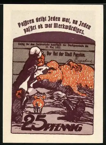 Notgeld Parchim 1922, 25 Pfennig, Schweine und Haus