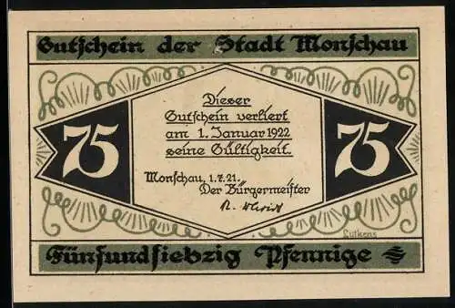 Notgeld Monschau 1921, 75 Pfennig, Burg Monschau und gedruckter Text