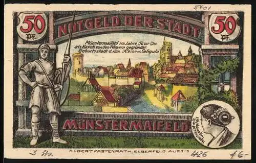 Notgeld Münstermaifeld, 1921, 50 Pfennig, Stadtansicht und Wappen, August 1921, Albert Fastenrath