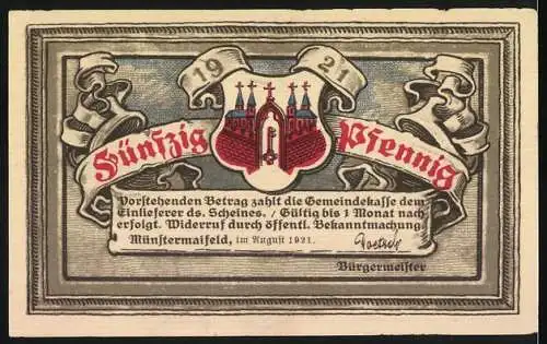 Notgeld Münstermaifeld, 1921, 50 Pfennig, Stadtansicht und Wappen, August 1921, Albert Fastenrath