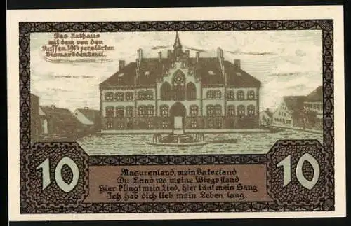 Notgeld Johannisburg 1920, 10 Pfennig, Rathaus und Wappen, deutsche Abstimmung am 11. Juli 1920