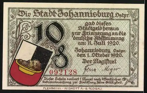 Notgeld Johannisburg 1920, 10 Pfennig, Rathaus und Wappen, deutsche Abstimmung am 11. Juli 1920