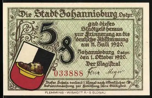Notgeld Johannisburg 1920, 5 Pfennig, Gedenkblatt zur deutschen Abstimmung am 11. Juli 1920