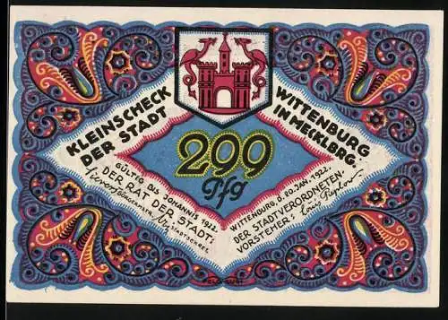 Notgeld Wittenburg 1921, 299 Pfennig, farbenfrohes Design mit Stadtwappen und humorvoller Szene auf der Rückseite