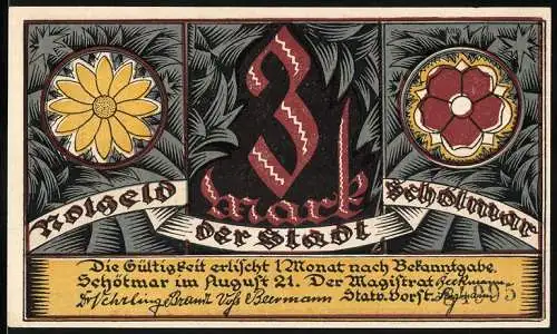 Notgeld Schötmar, 1921, 3 Mark, Vorderseite mit Blumen und Rückseite mit Ratssitzung