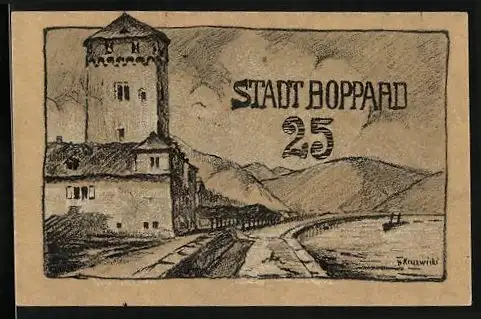 Notgeld Boppard, 1920, 25 Pfennig, Stadtansicht mit Turm und Stadtwappen