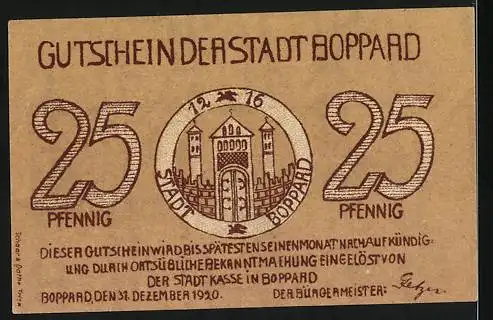 Notgeld Boppard, 1920, 25 Pfennig, Stadtansicht mit Turm und Stadtwappen