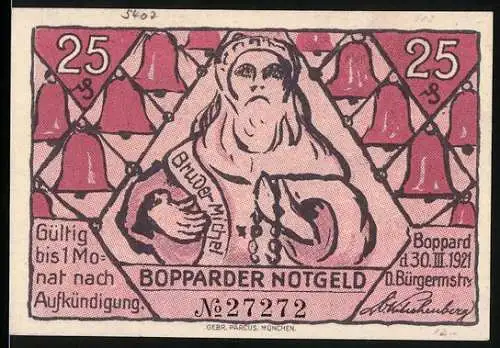 Notgeld Boppard 1921, 25 Pfennig, Frau mit Schleier und Glockenmotiv, Rückseite mit Spruch und Stadtwappen