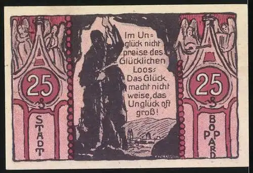 Notgeld Boppard 1921, 25 Pfennig, Frau mit Schleier und Glockenmotiv, Rückseite mit Spruch und Stadtwappen