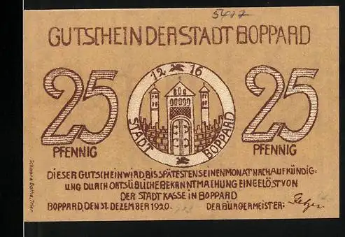 Notgeld Boppard 1920, 25 Pfennig, Stadtansicht und Burg auf Vorder- und Rückseite