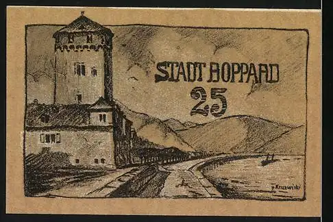 Notgeld Boppard 1920, 25 Pfennig, Stadtansicht und Burg auf Vorder- und Rückseite