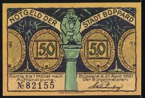 Notgeld Boppard, 1921, 50 Pfennig, Stadt Boppard, die lustige am Rhein, Gültig bis 1 Monat nach Aufkündigung