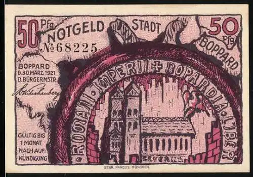 Notgeld Boppard, 1921, 50 Pfennig, Stadtansicht und Wappen, gültig bis 1 Monat nach Kündigung