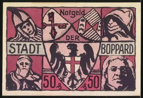 Notgeld Boppard, 1921, 50 Pfennig, Stadtansicht und Wappen, gültig bis 1 Monat nach Kündigung