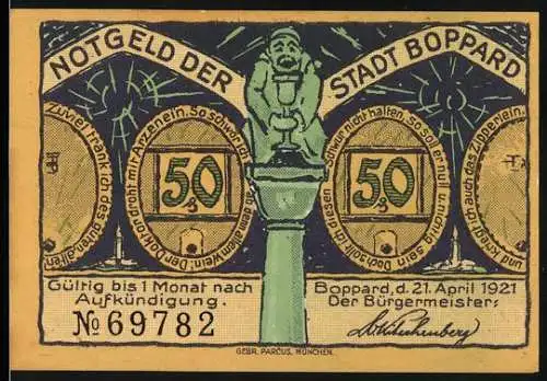 Notgeld Boppard 1921, 50 Pfennig, Abbildungen von Brunnenfigur und Szenen am Rhein