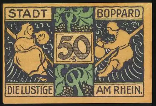 Notgeld Boppard 1921, 50 Pfennig, Abbildungen von Brunnenfigur und Szenen am Rhein