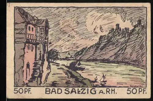 Notgeld Bad Salzig 1921, 50 Pf, Flusslandschaft mit Burgruine und alter Mann mit Stock