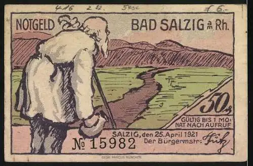 Notgeld Bad Salzig 1921, 50 Pf, Flusslandschaft mit Burgruine und alter Mann mit Stock