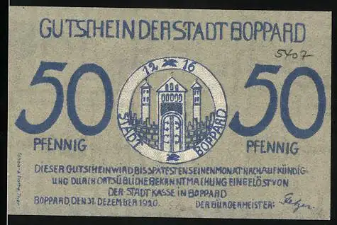 Notgeld Boppard, 1916, 50 Pfennig, Gutschein der Stadt Boppard mit Stadtansicht und Münzdesign