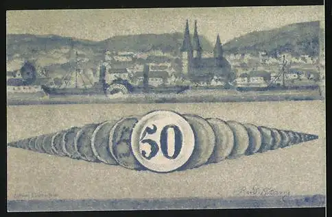 Notgeld Boppard, 1916, 50 Pfennig, Gutschein der Stadt Boppard mit Stadtansicht und Münzdesign