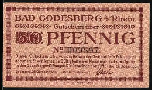 Notgeld Bad Godesberg 1920, 50 Pfennig, Aennchen auf der Rückseite und Gültigkeitshinweise