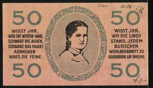 Notgeld Bad Godesberg 1920, 50 Pfennig, Aennchen auf der Rückseite und Gültigkeitshinweise