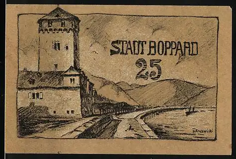 Notgeld Boppard, 1920, 25 Pfennig, Stadtansicht und Stadtsiegel