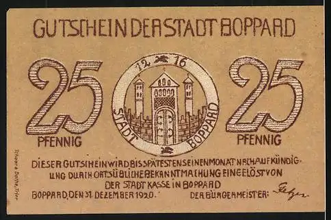 Notgeld Boppard, 1920, 25 Pfennig, Stadtansicht und Stadtsiegel