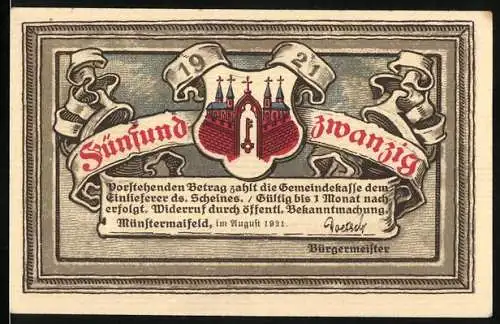 Notgeld Münstermaifeld 1921, 25 Pfennig, Stadtwappen und Ritter vor Ruine Pyrmont