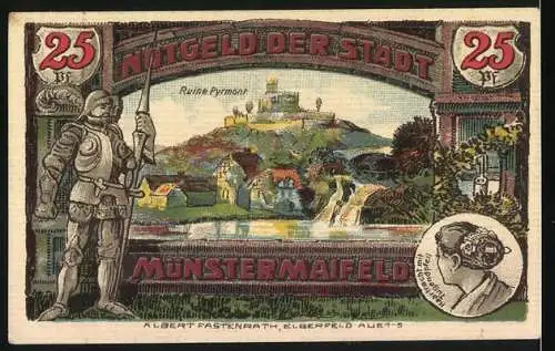 Notgeld Münstermaifeld 1921, 25 Pfennig, Stadtwappen und Ritter vor Ruine Pyrmont