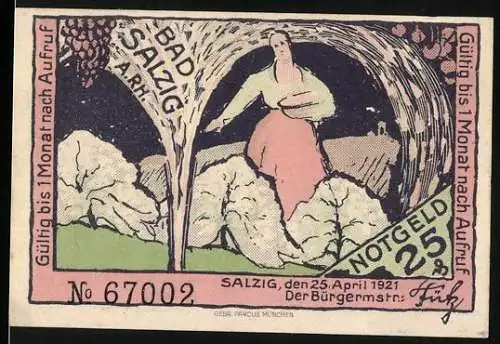 Notgeld Bad Salzig 1921, 25 Pf, Frau mit Kohlköpfen und Steinfigur in Landschaft