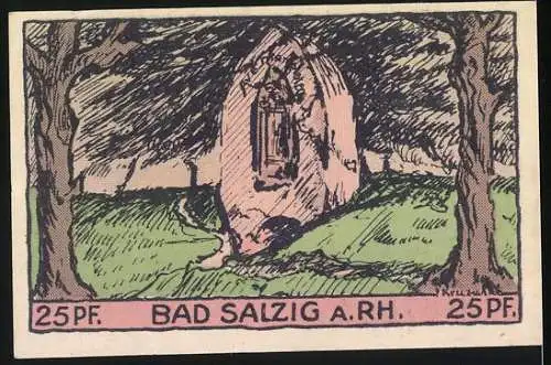 Notgeld Bad Salzig 1921, 25 Pf, Frau mit Kohlköpfen und Steinfigur in Landschaft