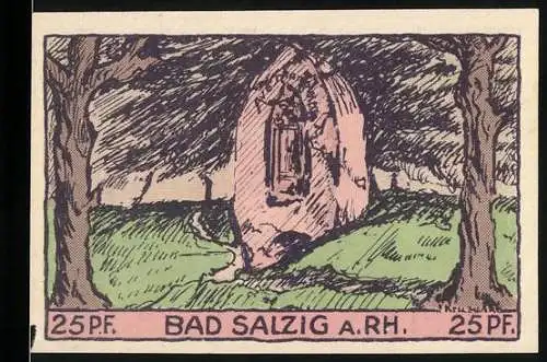 Notgeld Bad Salzig a. Rh., 1921, 25 Pf, Landschaft mit Bäumen und Statue, Frau mit Korb unter Baum