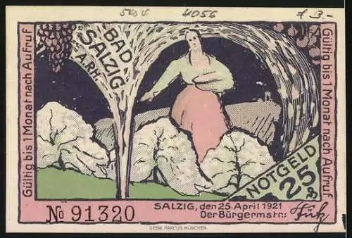 Notgeld Bad Salzig a. Rh., 1921, 25 Pf, Landschaft mit Bäumen und Statue, Frau mit Korb unter Baum