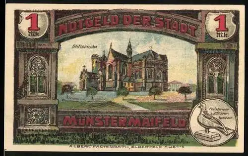 Notgeld Münstermaifeld, 1921, 1 Mark, Stadtansicht mit Stiftskirche und Wappen auf der Rückseite