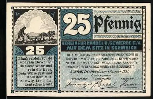 Notgeld Schweich 1921, 25 Pfennig, Verein für Handel u. Gewerbe e.V. mit der Schweicher Fähre