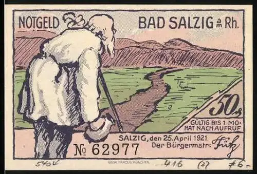 Notgeld Bad Salzig, 1921, 50 Pf, Landschaft und alter Mann mit Stock, Fluss und Häuser im Hintergrund