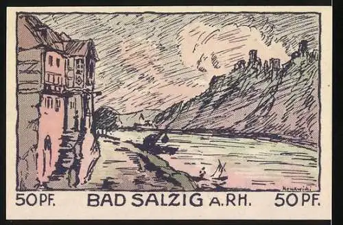 Notgeld Bad Salzig, 1921, 50 Pf, Landschaft und alter Mann mit Stock, Fluss und Häuser im Hintergrund