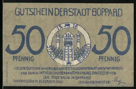 Notgeld Boppard, 1921, 50 Pfennig, Gutschein mit Stadtansicht und Siegel, Rückseite mit Stadtpanorama und 50-Münzen